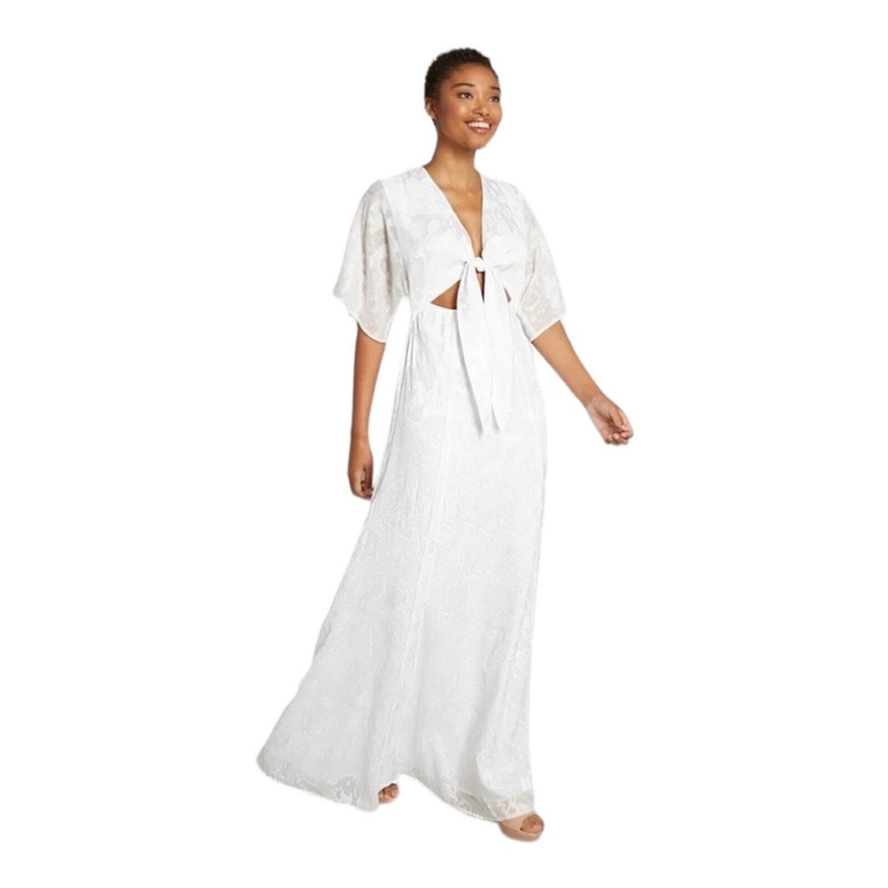HUTCH Maxi Dress Love in the‎ Abstract White Jacquard Tie Front Long Size 0 New